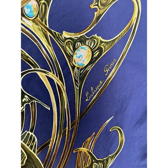 Lalique Paris "Parade Royale" Large Silk Scarf 33”x33” Navy Blue Gold Peacock - Picture 8 of 8